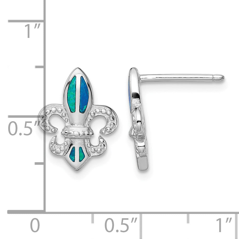 Sterling Silver Rhodium-plated Polished & Beaded Blue Created Opal Fleur De Lis Post Earrings