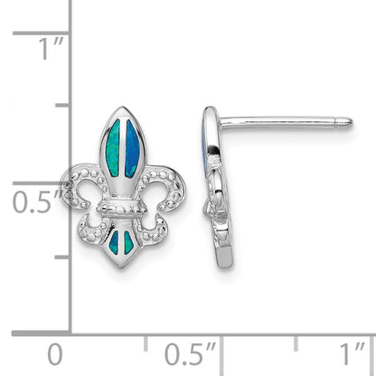 Sterling Silver Rhodium-plated Polished & Beaded Blue Created Opal Fleur De Lis Post Earrings