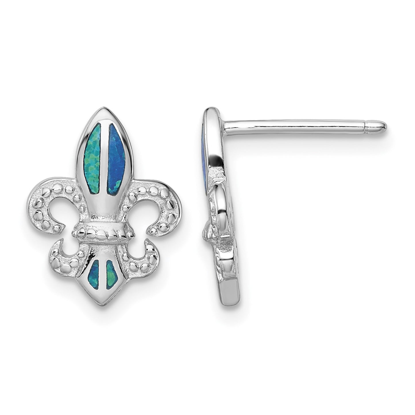 Sterling Silver Rhodium-plated Polished & Beaded Blue Created Opal Fleur De Lis Post Earrings
