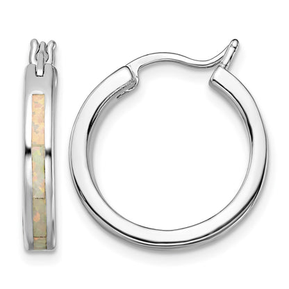 Sterling Silver Rhodium-plated Created Opal Inlay Round Hoop Earrings