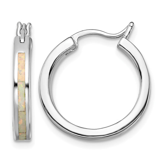 Sterling Silver Rhodium-plated Created Opal Inlay Round Hoop Earrings