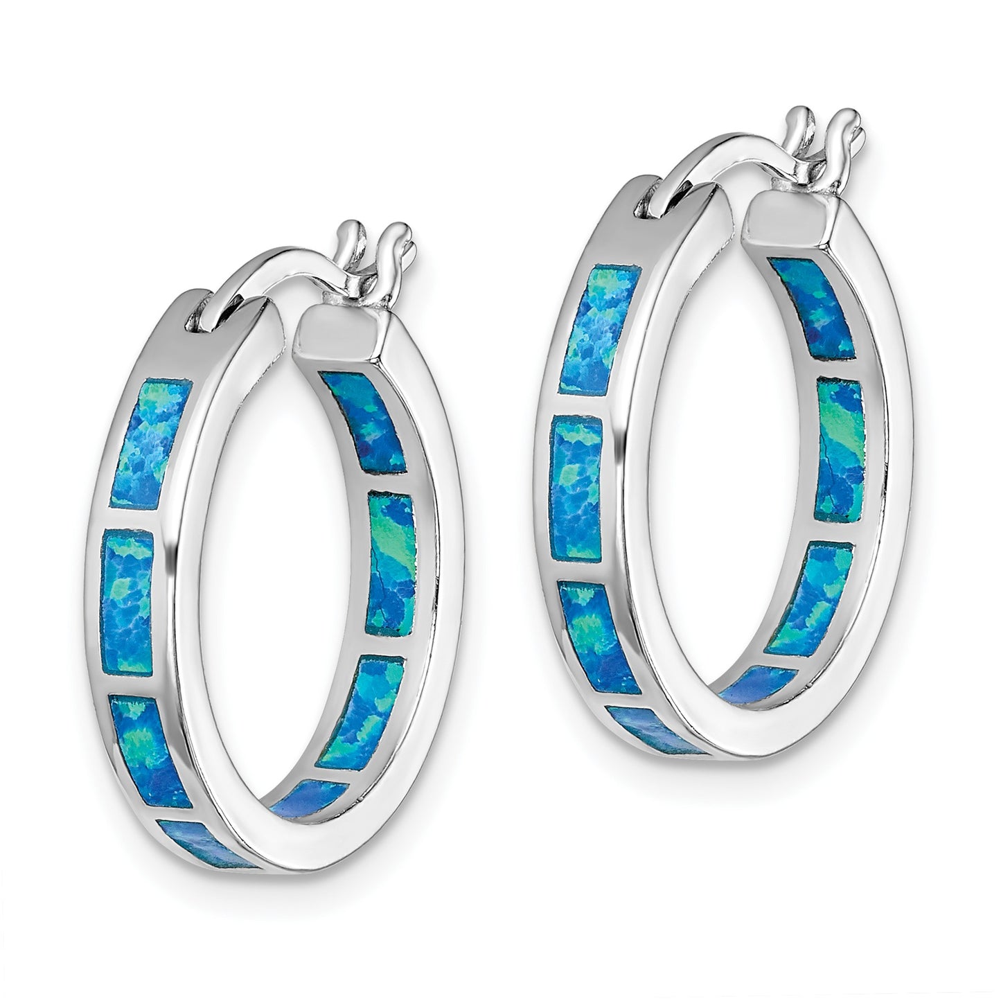 Sterling Silver Rhodium-plated Blue Created Opal In/Out Round Hoop Earrings