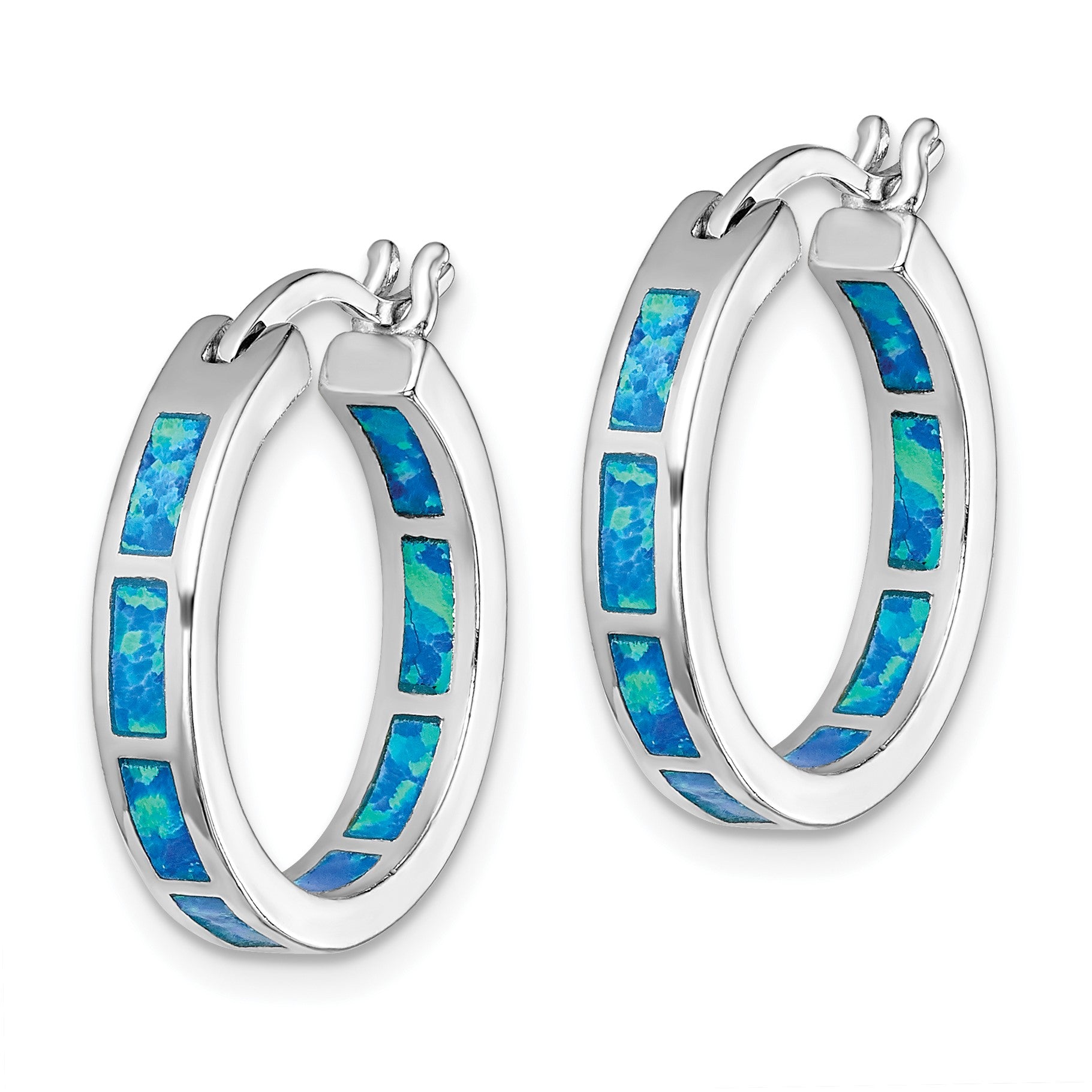 Sterling Silver Rhodium-plated Blue Created Opal In/Out Round Hoop Earrings