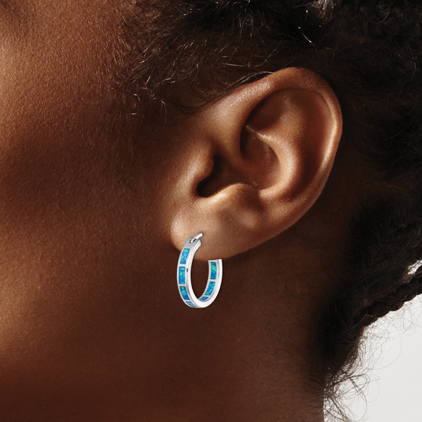 Sterling Silver Rhodium-plated Blue Created Opal In/Out Round Hoop Earrings