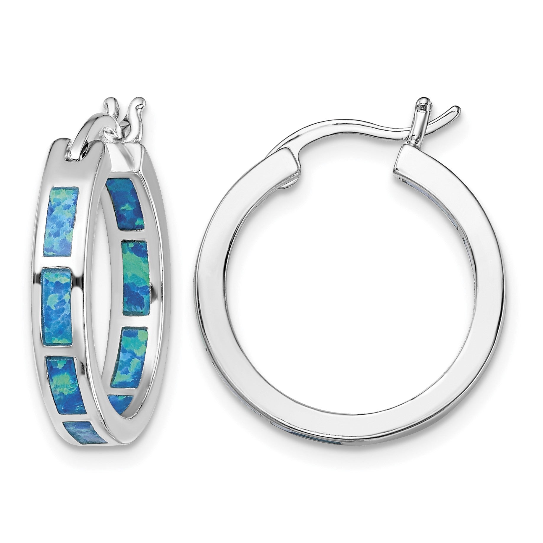 Sterling Silver Rhodium-plated Blue Created Opal In/Out Round Hoop Earrings
