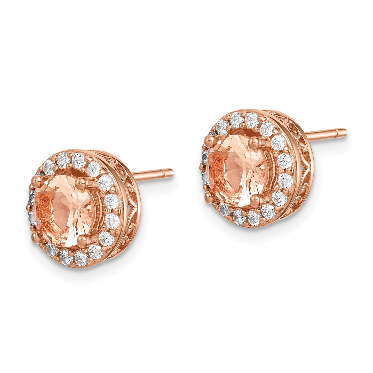 Sterling Silver Rose-tone Round Peach CZ Halo Post Earrings
