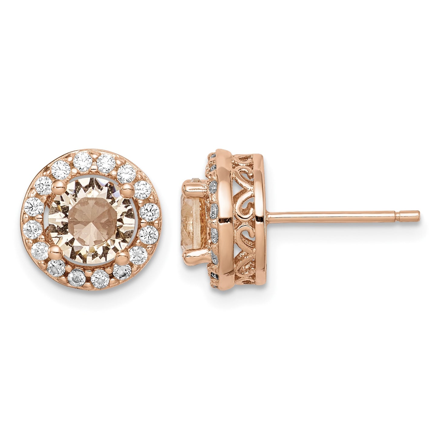 Sterling Silver Rose-tone Round Peach CZ Halo Post Earrings