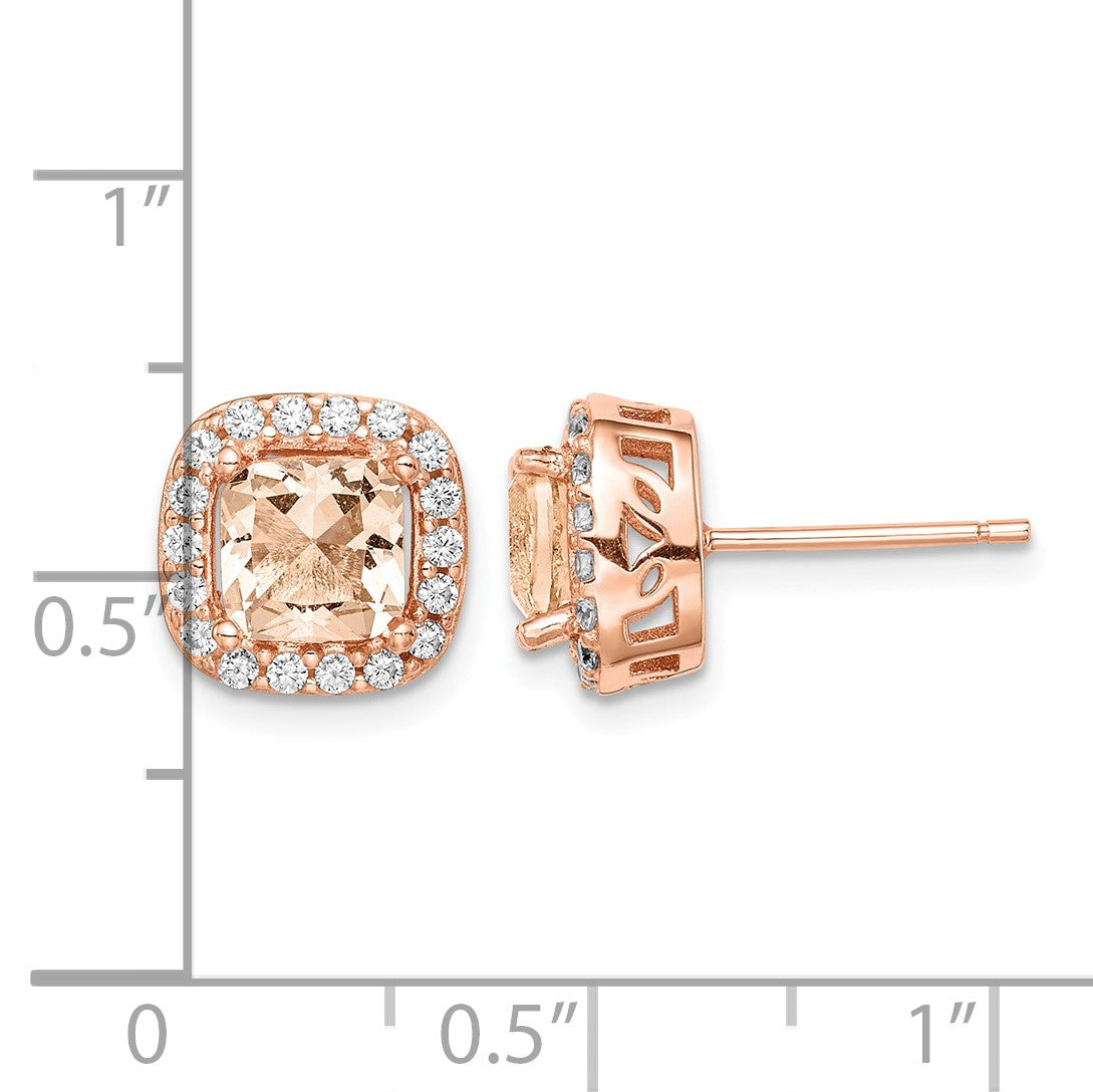 Sterling Silver Rose-tone Square Peach CZ Halo Post Earrings