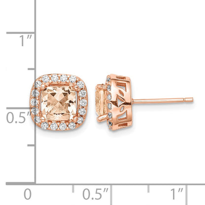 Sterling Silver Rose-tone Square Peach CZ Halo Post Earrings