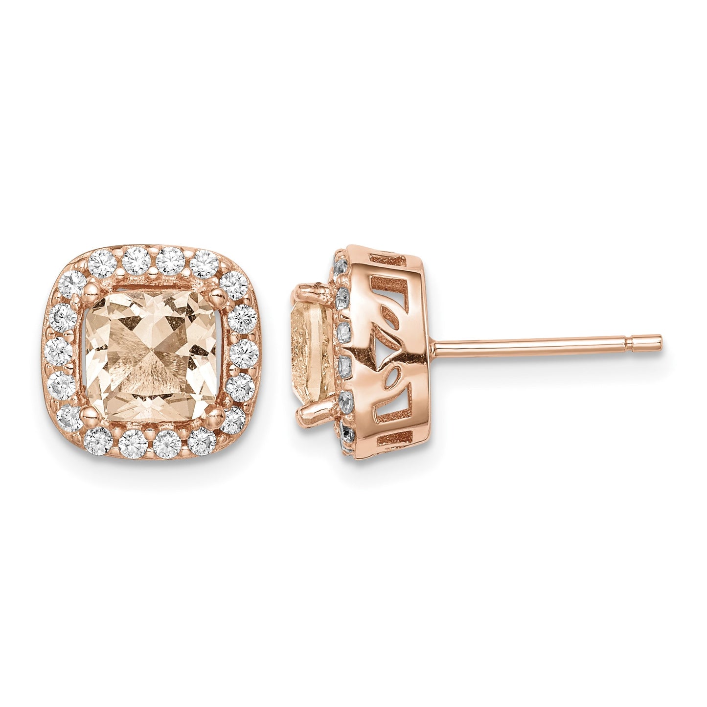 Sterling Silver Rose-tone Square Peach CZ Halo Post Earrings