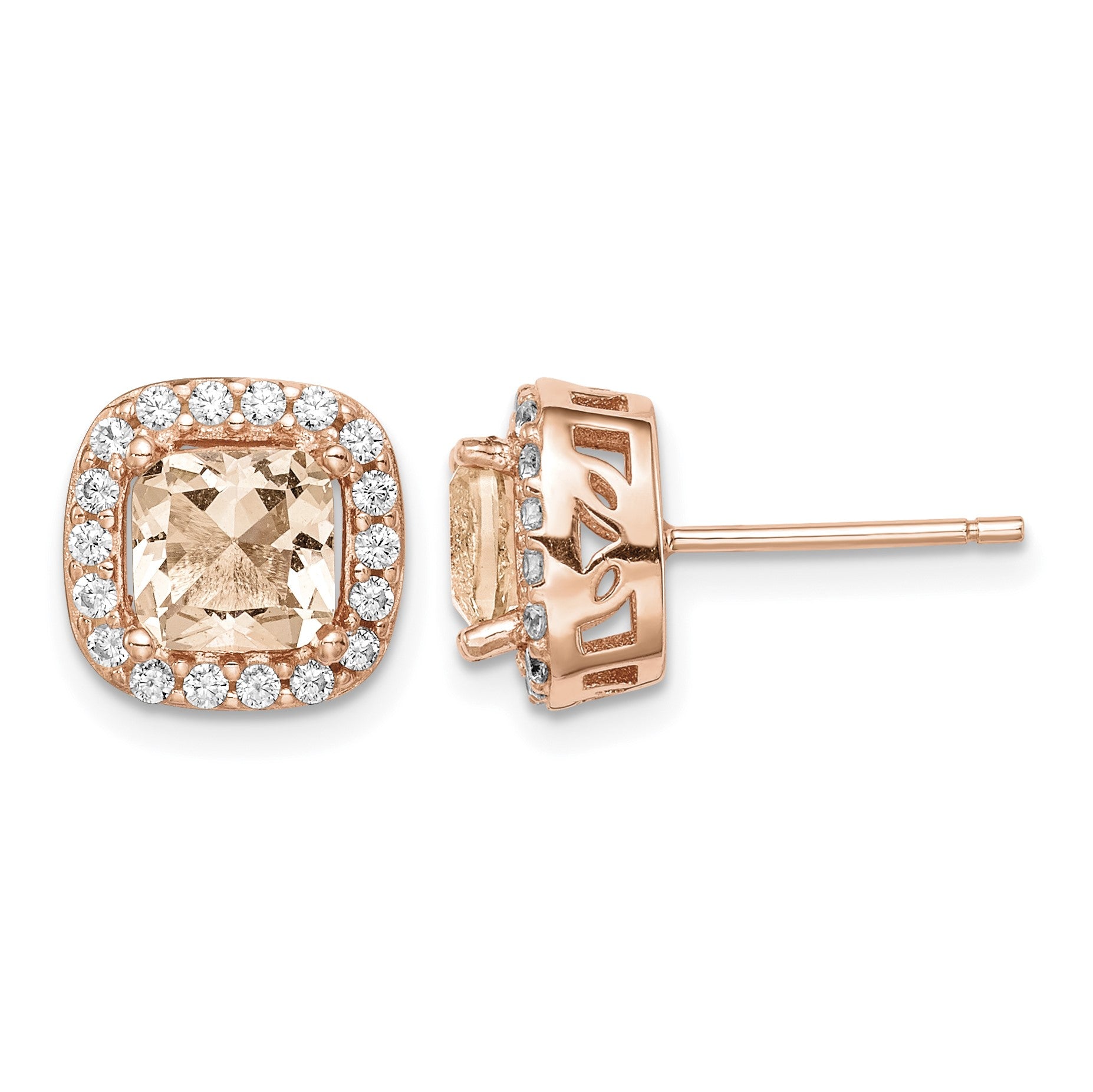 Sterling Silver Rose-tone Square Peach CZ Halo Post Earrings