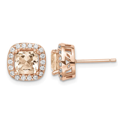Sterling Silver Rose-tone Square Peach CZ Halo Post Earrings