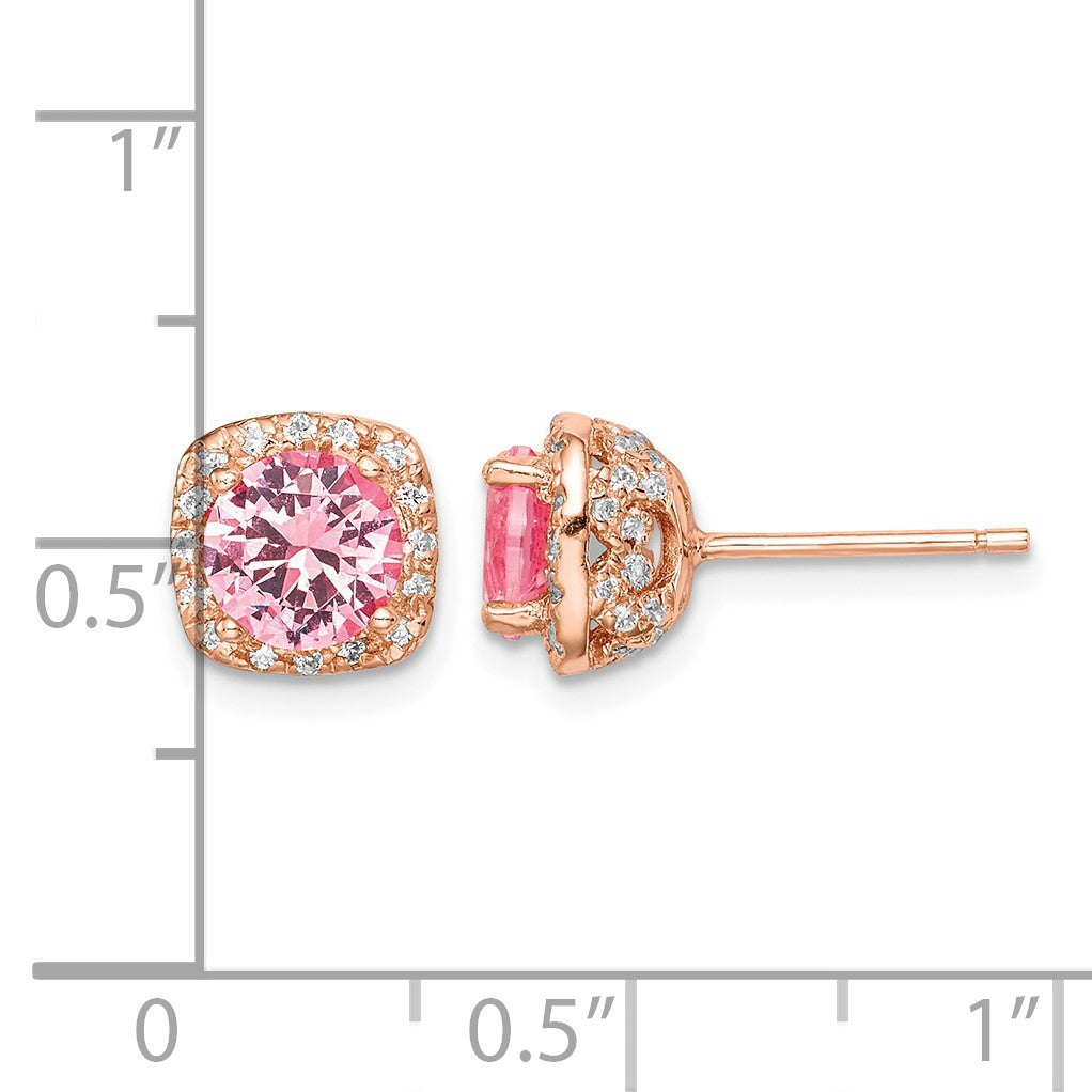 Sterling Silver Rose-tone Square Pink Crystal Center and CZ Post Earrings