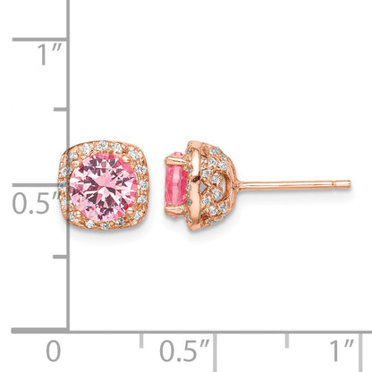 Sterling Silver Rose-tone Square Pink Crystal Center and CZ Post Earrings