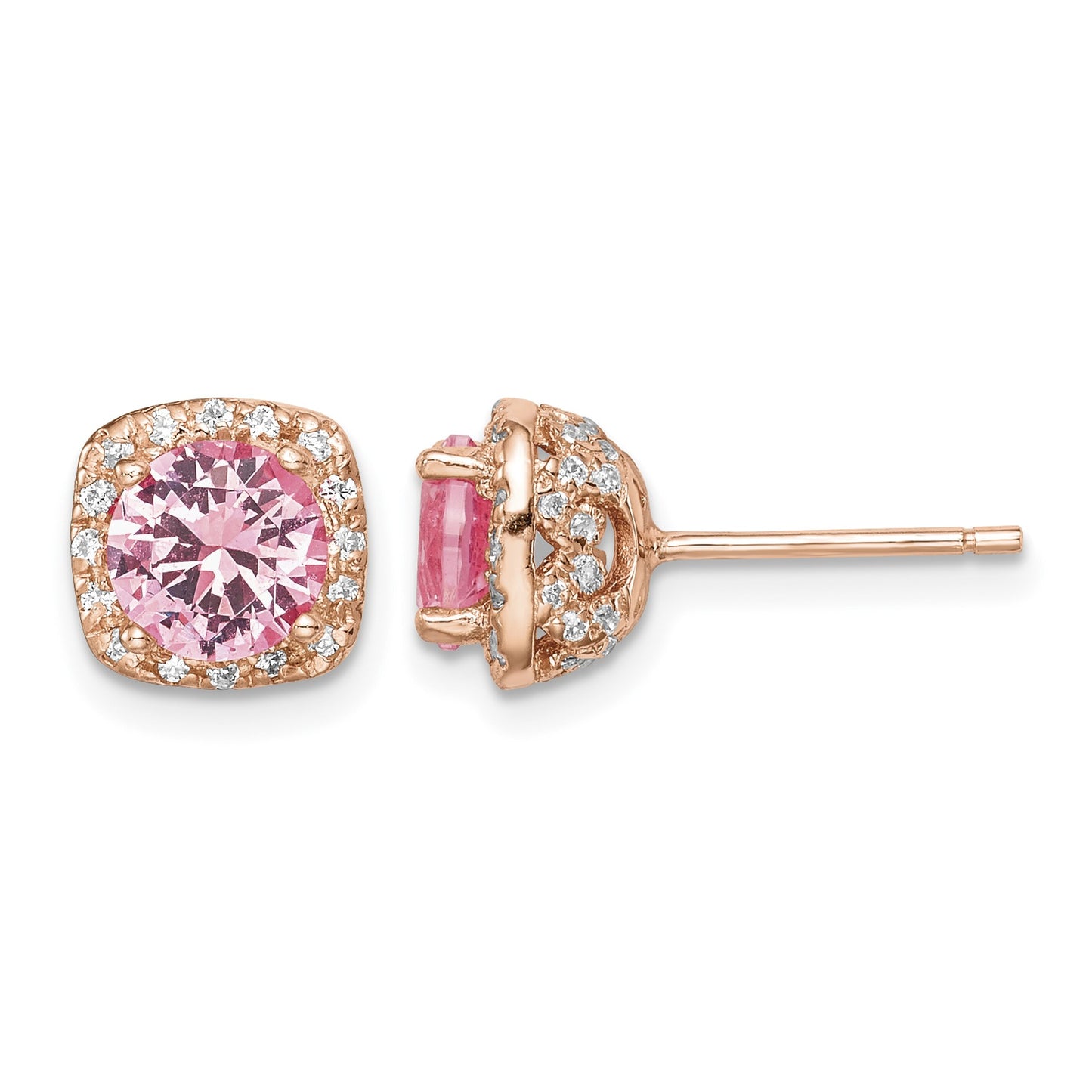 Sterling Silver Rose-tone Square Pink Crystal Center and CZ Post Earrings