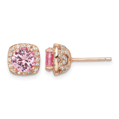 Sterling Silver Rose-tone Square Pink Crystal Center and CZ Post Earrings