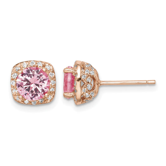 Sterling Silver Rose-tone Square Pink Crystal Center and CZ Post Earrings
