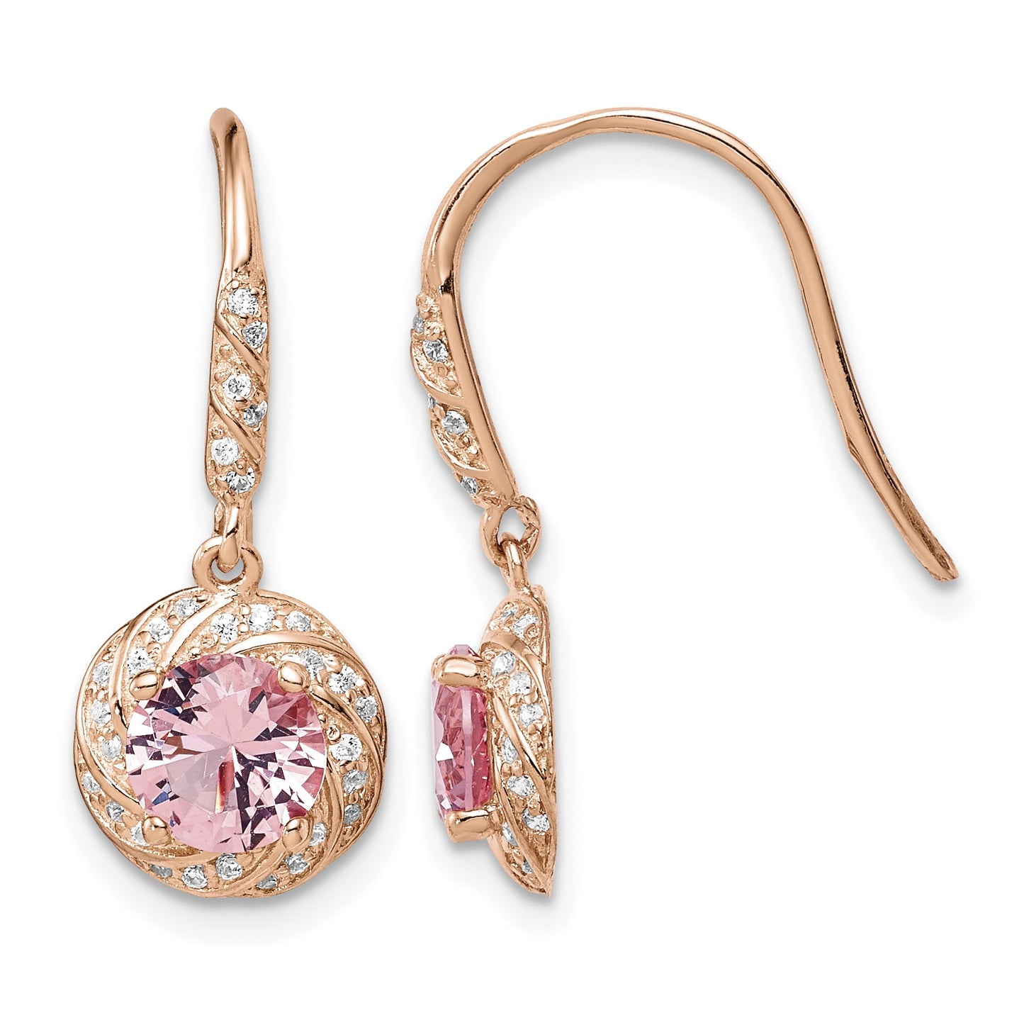 Sterling Silver Rose-tone Pink Crystal and CZ Dangle Earrings
