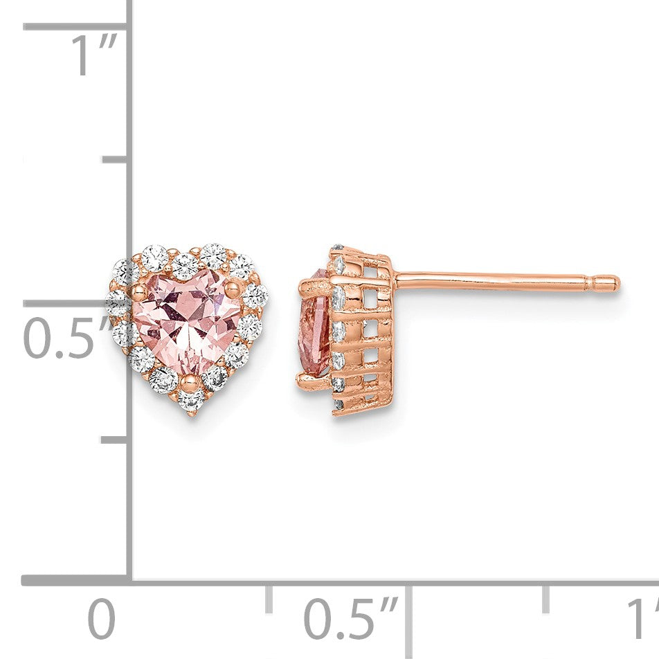 Sterling Silver Rose-plated Post CZ and Crystal Pink Heart Earrings