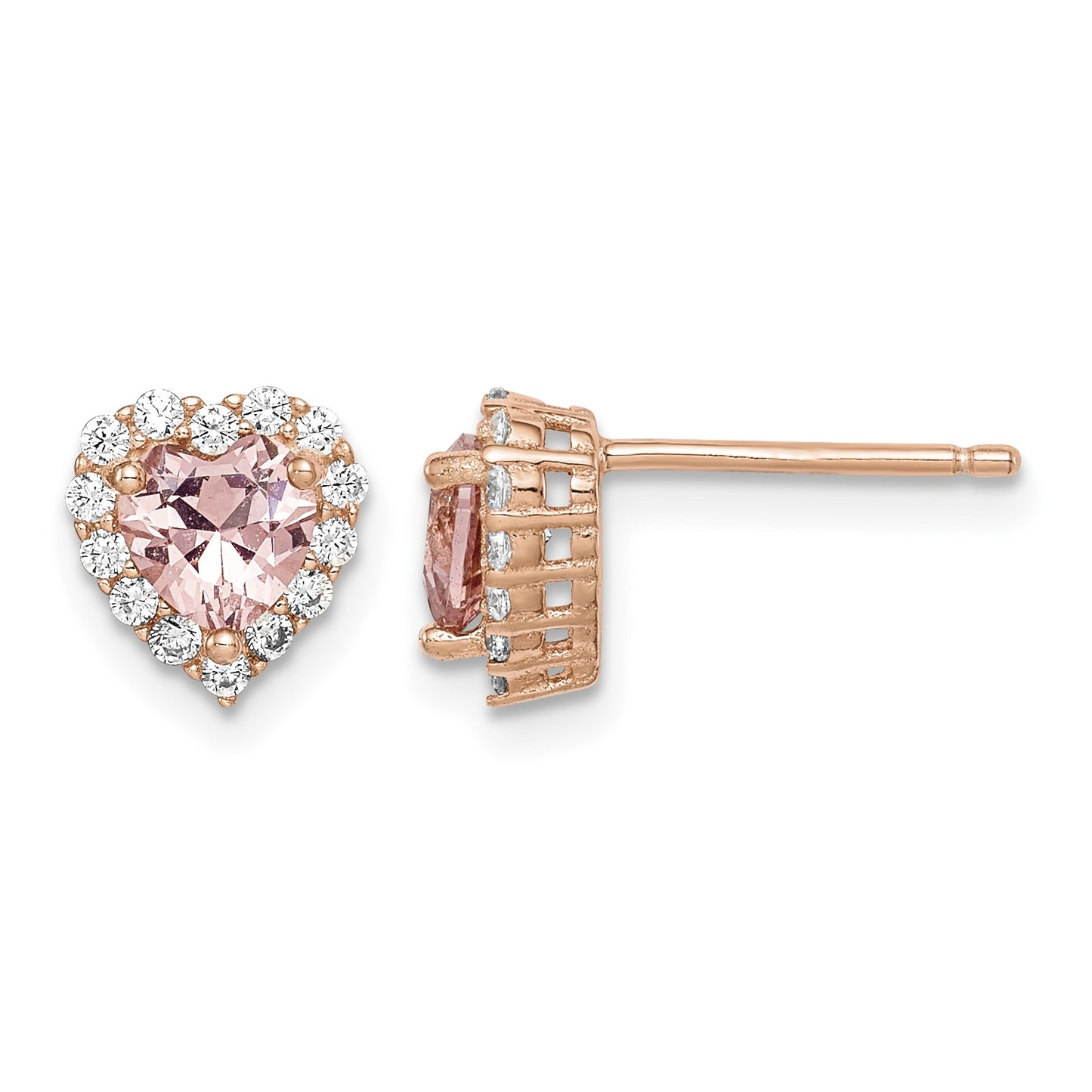 Sterling Silver Rose-plated Post CZ and Crystal Pink Heart Earrings