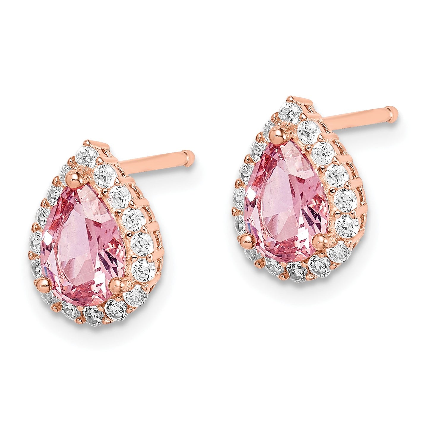 Sterling Silver Rose-plated Post CZ and Pear Teardrop Pink Crystal Earring