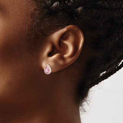 Sterling Silver Rose-plated Post CZ and Pear Teardrop Pink Crystal Earring