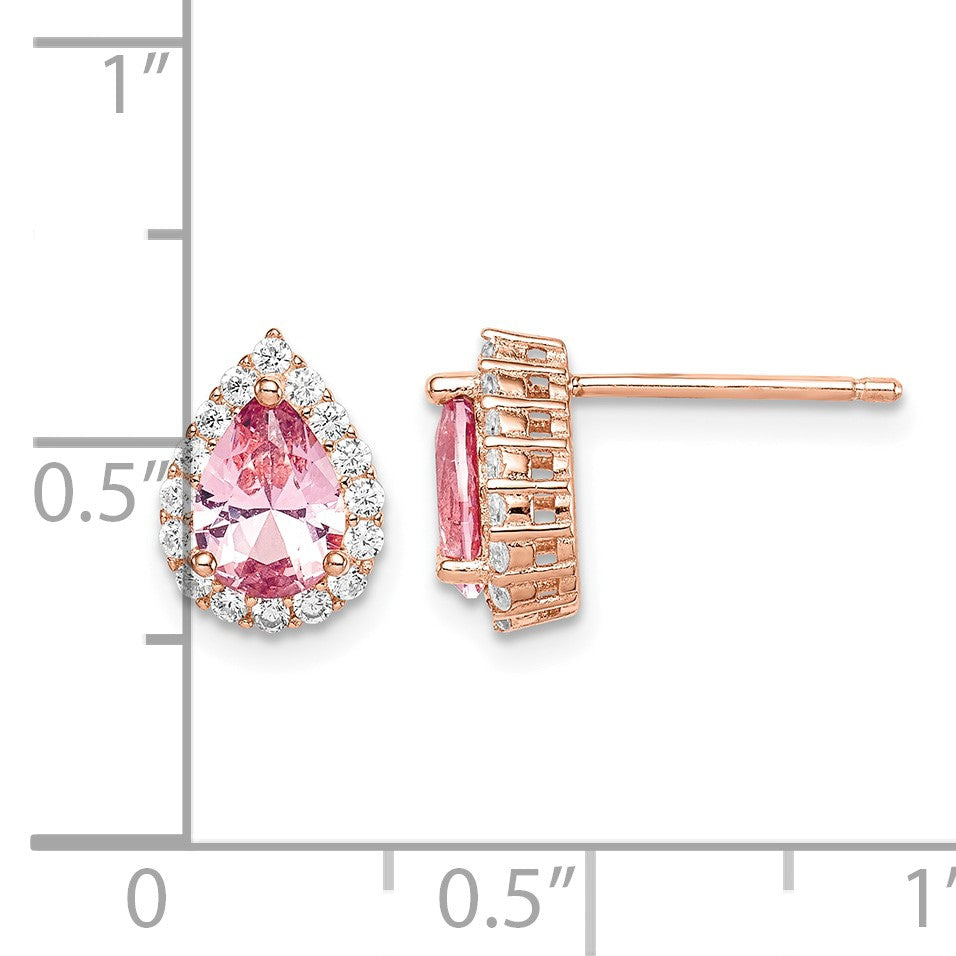 Sterling Silver Rose-plated Post CZ and Pear Teardrop Pink Crystal Earring