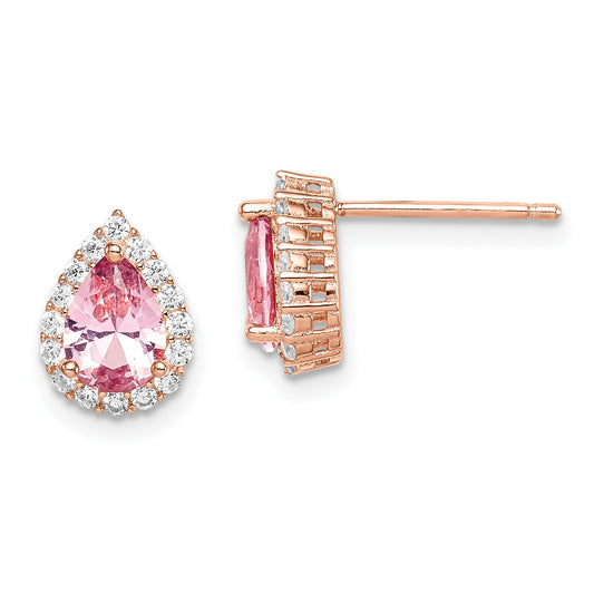 Sterling Silver Rose-plated Post CZ and Pear Teardrop Pink Crystal Earring