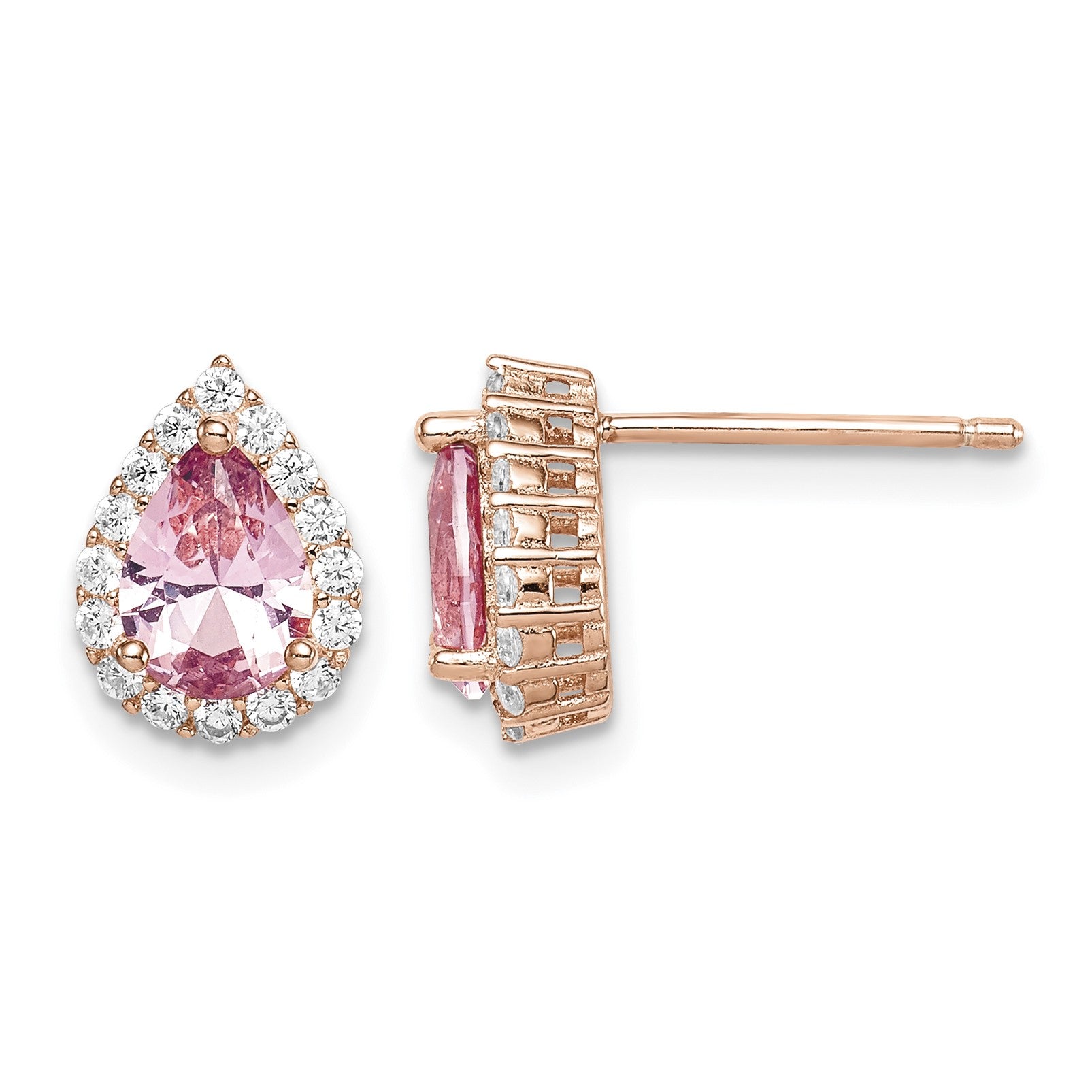 Sterling Silver Rose-plated Post CZ and Pear Teardrop Pink Crystal Earring