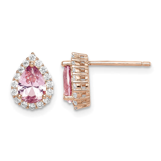 Sterling Silver Rose-plated Post CZ and Pear Teardrop Pink Crystal Earring