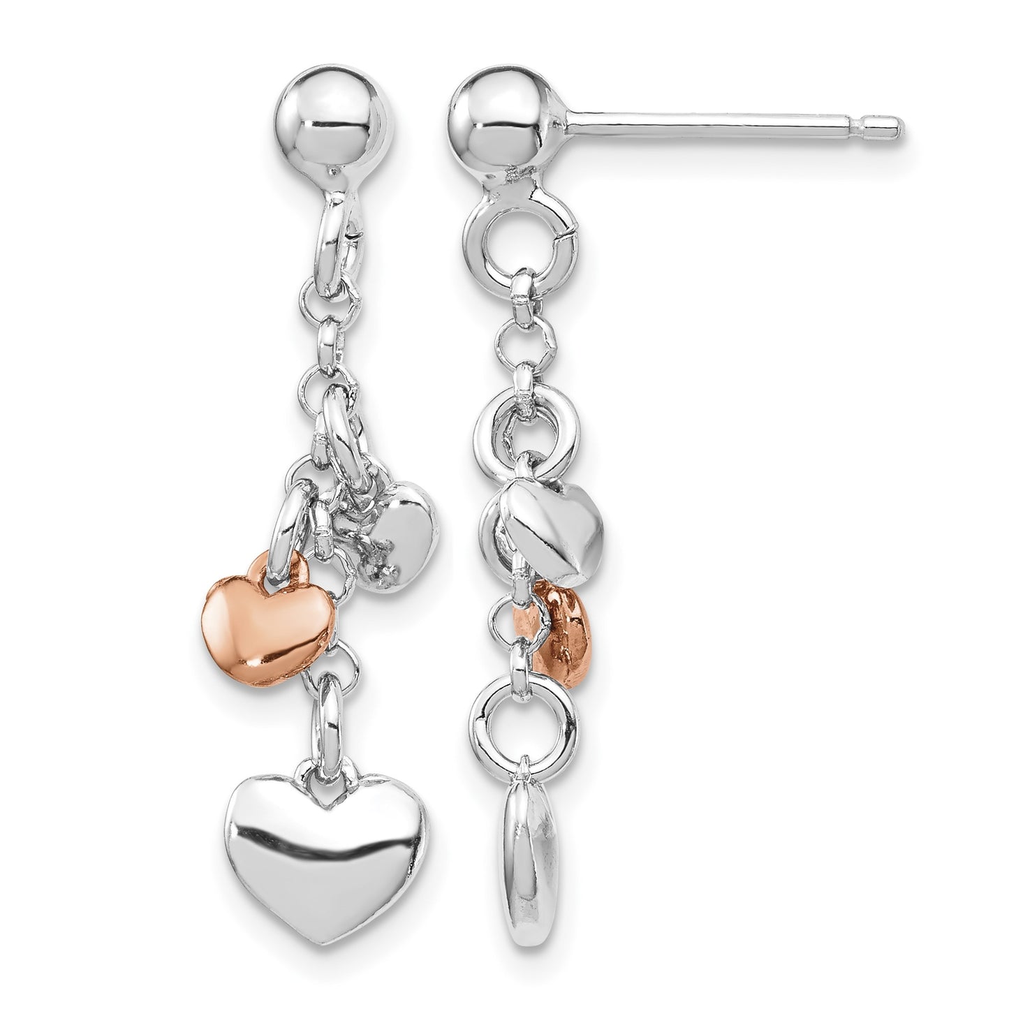 Sterling Silver RH-plated Rose gold-plated Heart Dangle Earrings