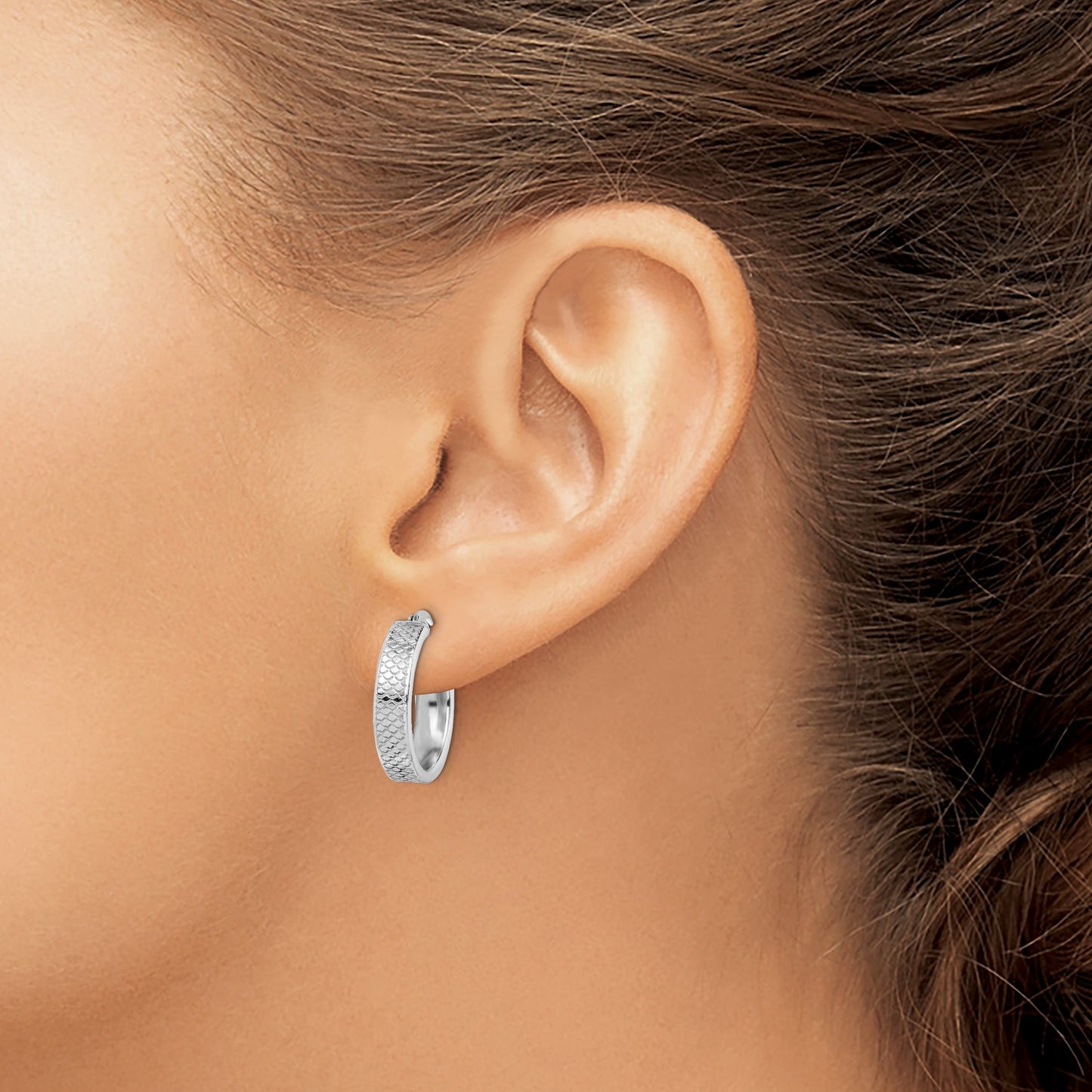 Sterling Silver Rhodium-plated Textured 5x20mm Hoop Earrings
