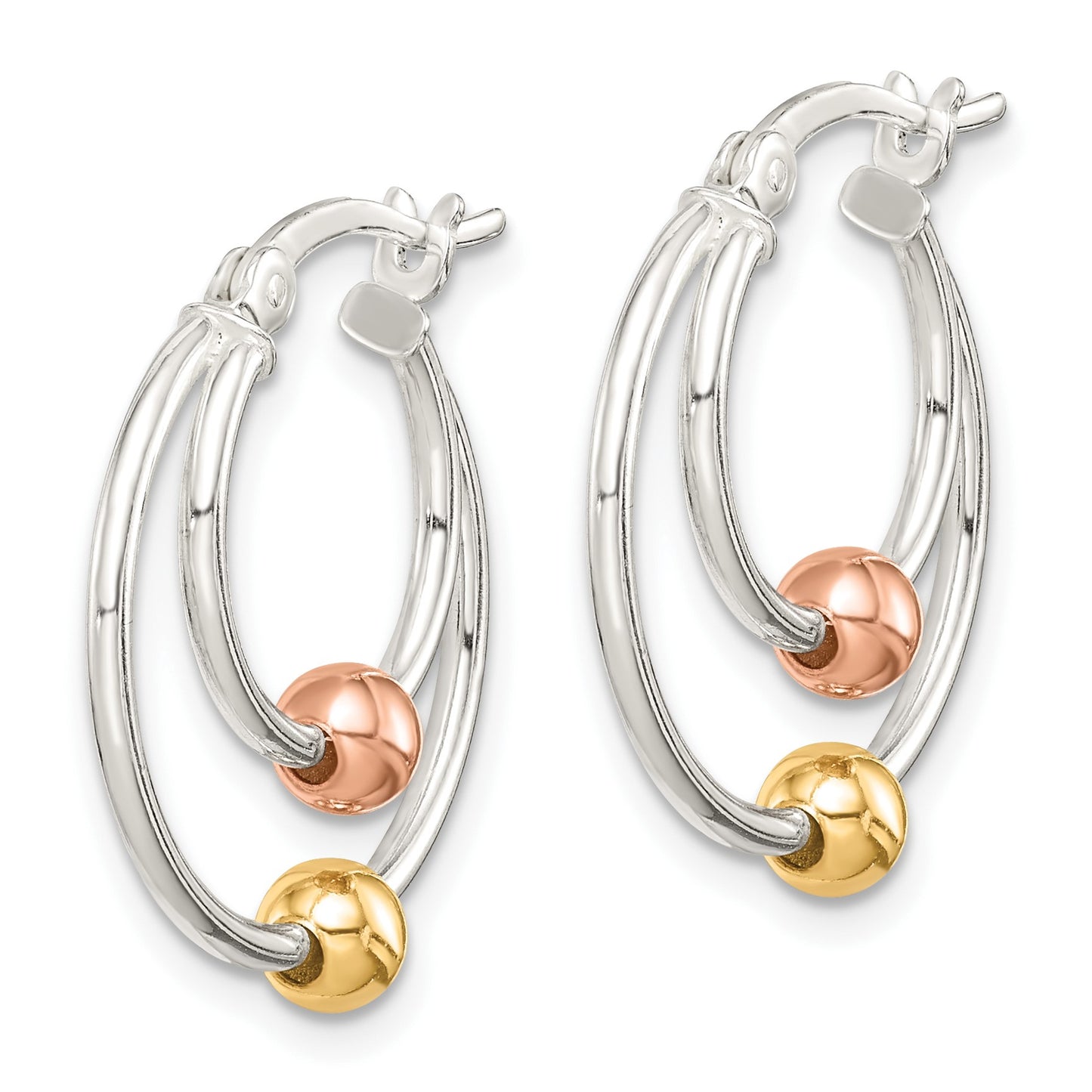 Sterling Silver Rose and Gold-tone Bead Hoop Earrings