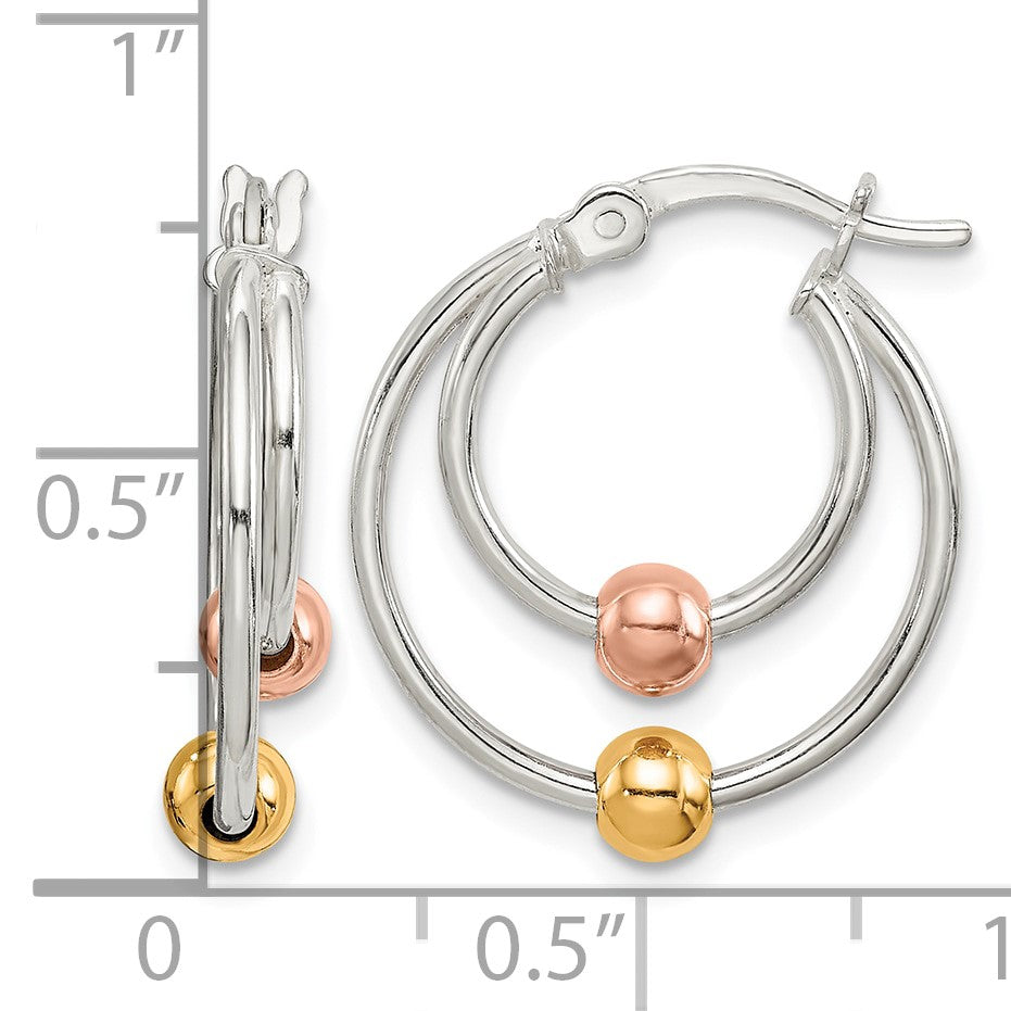 Sterling Silver Rose and Gold-tone Bead Hoop Earrings