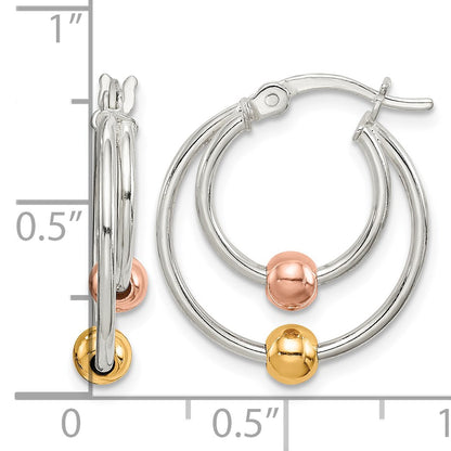 Sterling Silver Rose and Gold-tone Bead Hoop Earrings