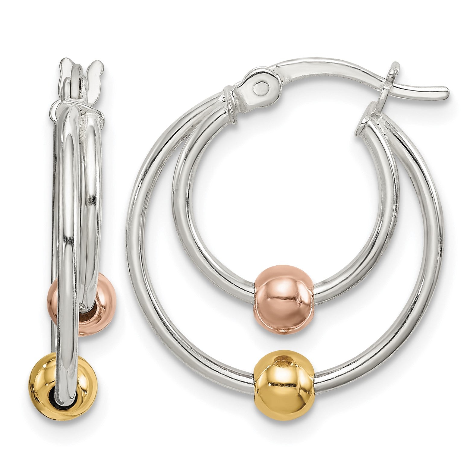 Sterling Silver Rose and Gold-tone Bead Hoop Earrings
