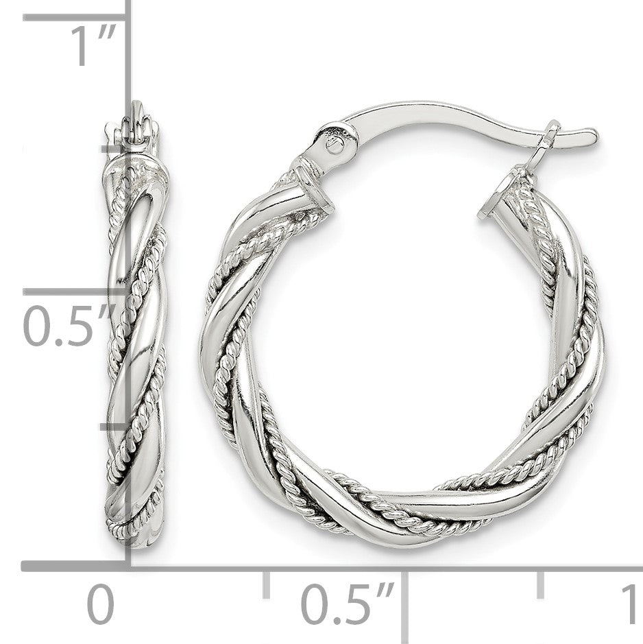 Sterling Silver Twisted Textured 3x20mm Hoop Earrings