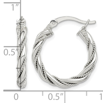 Sterling Silver Twisted Textured 3x20mm Hoop Earrings