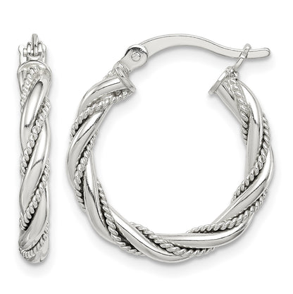 Sterling Silver Twisted Textured 3x20mm Hoop Earrings