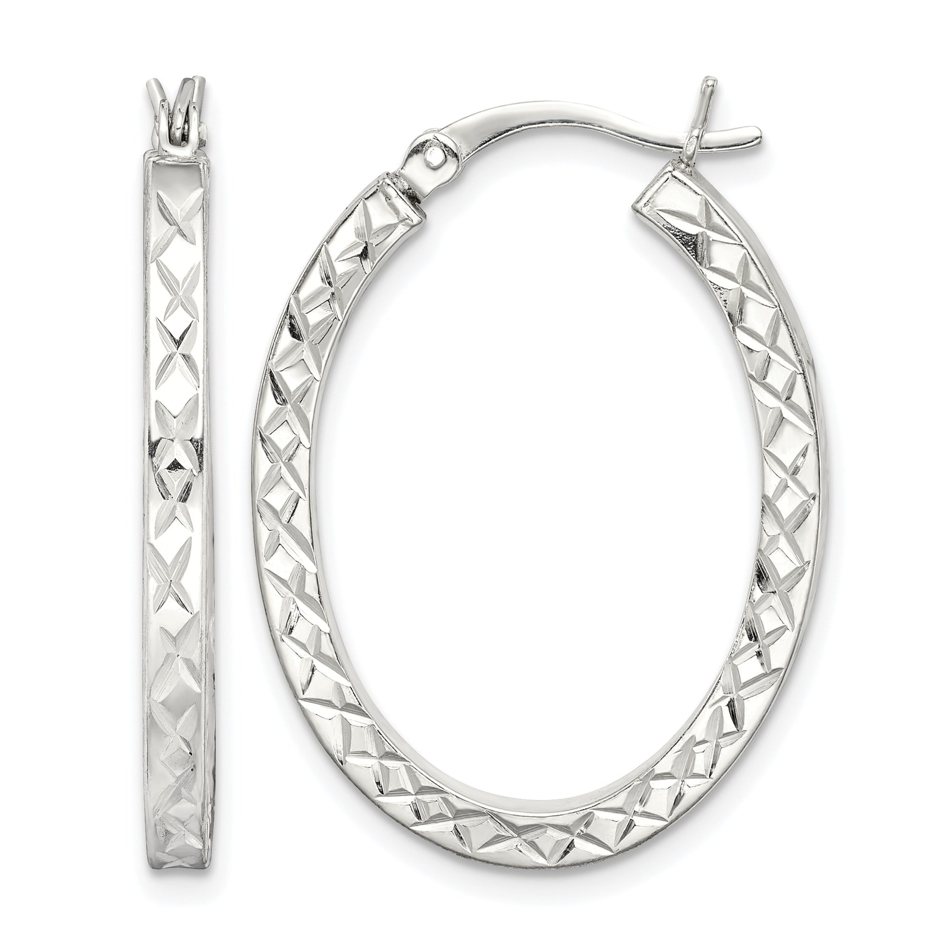 Sterling Silver Diamond-cut 2.5mm Oval Hoop Earrings