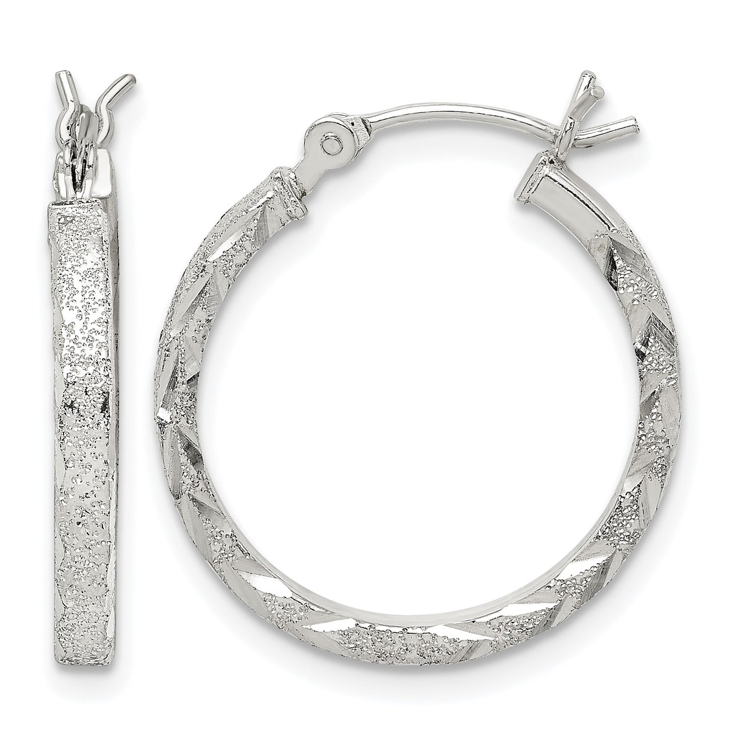 Sterling Silver Textured & Diamond-cut 2.25mm Round Hoop Earrings