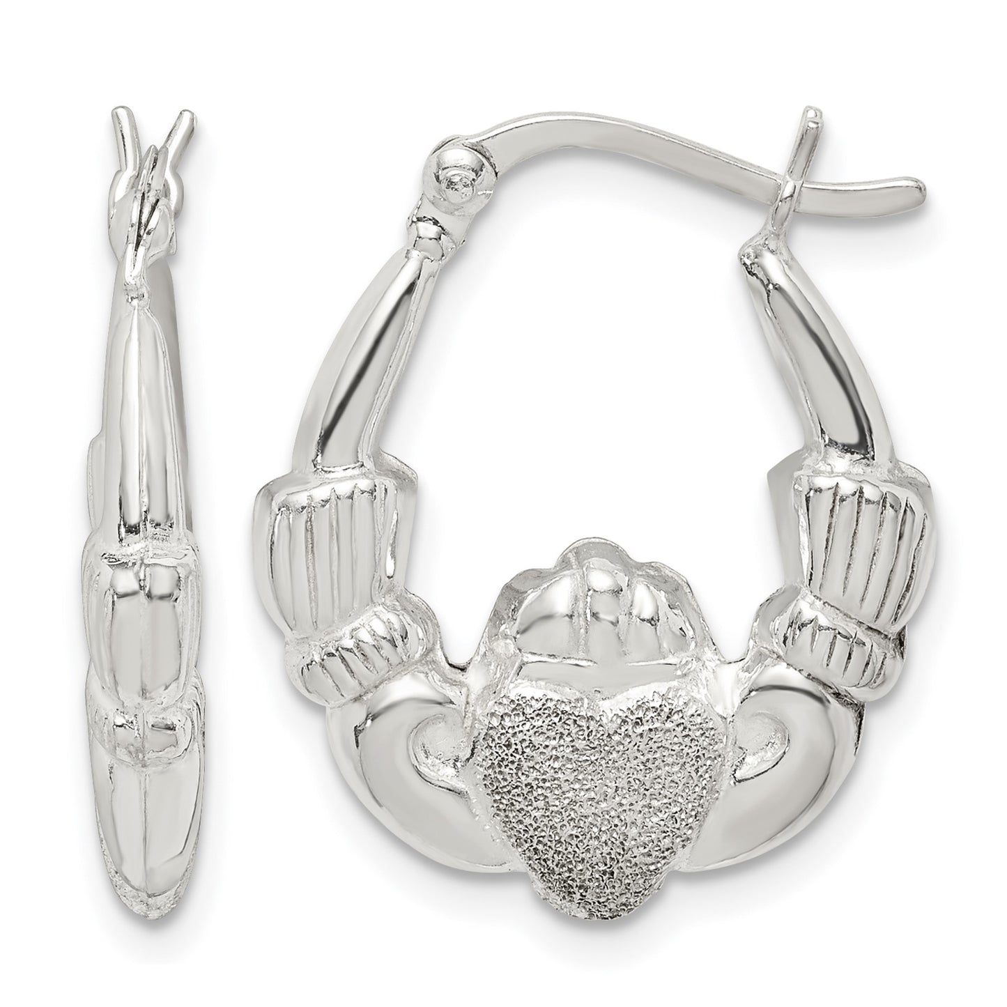 Sterling Silver Polished & Laser Cut Claddagh Hoop Earrings