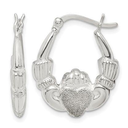 Sterling Silver Polished & Laser Cut Claddagh Hoop Earrings