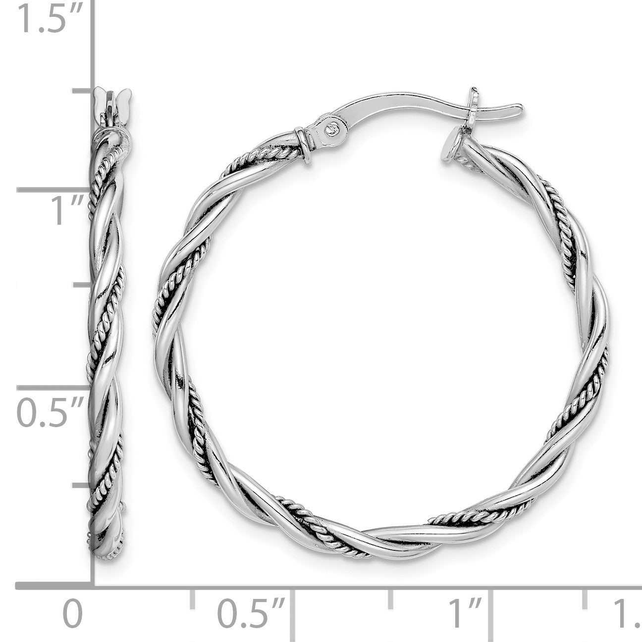 Sterling Silver Rhodium-plated Antiqued 2x30mm Twisted Hoop Earrings