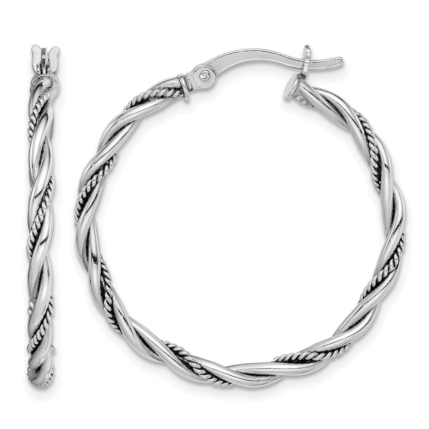Sterling Silver Rhodium-plated Antiqued 2x30mm Twisted Hoop Earrings