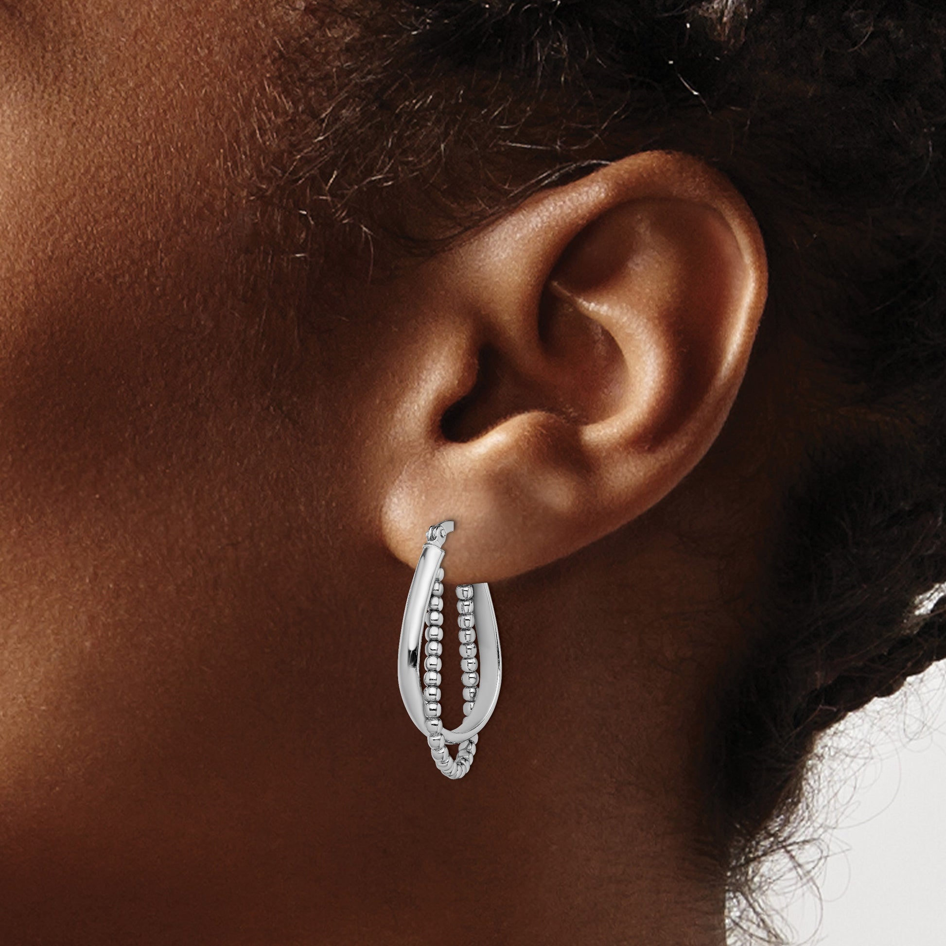 Sterling Silver Rhodium-plated Twisted and Beaded Hoop Earrings