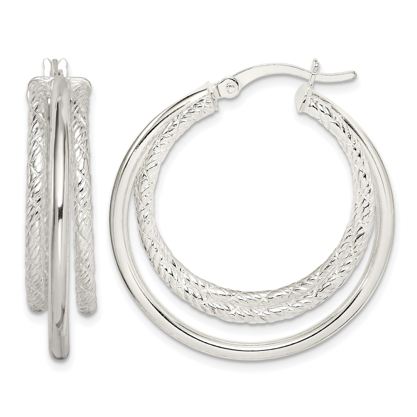 Sterling Silver Textured and Polished Triple Hoop Earrings