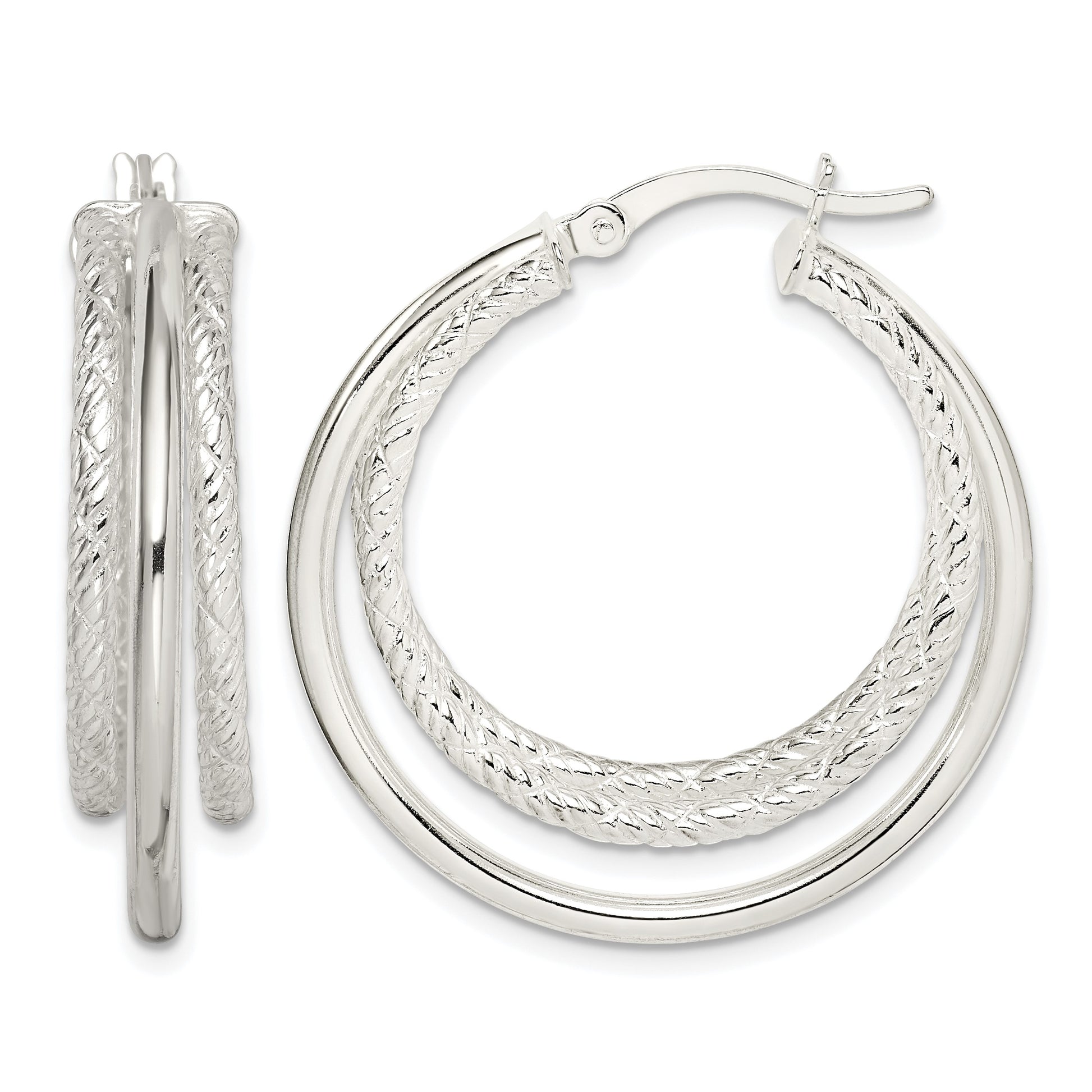 Sterling Silver Textured and Polished Triple Hoop Earrings