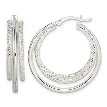 Sterling Silver Textured and Polished Triple Hoop Earrings