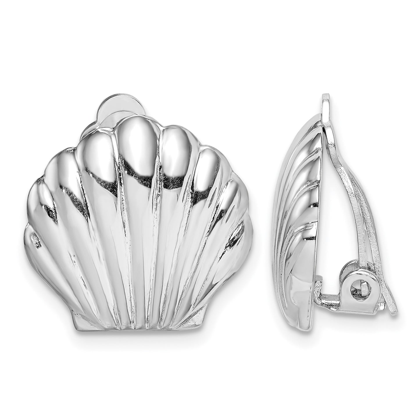 Sterling Silver Rhodium-plated Polished Non-Pierced Shell Earrings
